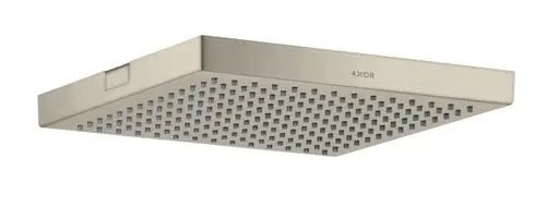Duschkopf von AXOR in gebürstetem Nickel. Quadratförmiges Design mit rechteckigen Düsen für eine gleichmäßige Wasserverteilung. Montiert an der Decke.